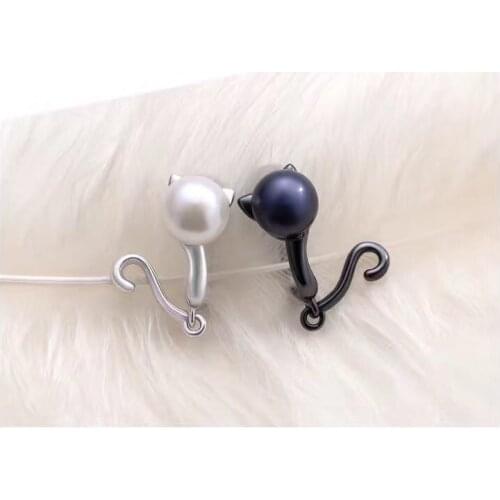 Black and White Cat 925 Silver Earrings Clip Base Mountings Jewelry Parts Fittings Accessories for Pearls Beads Stones Agate