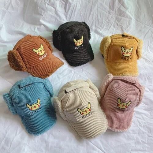 Pokemon Pikachu fashion embroidery childrens ear protection Lei Feng hat winter baby outdoor corduroy warm cap