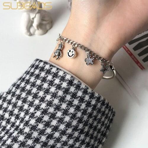 Subeads 925 Sterling Silver Vintage Thai Silver Little Bear Smiling Face Star Pendant Elbow Bracelet For Women Asymmetry Chain