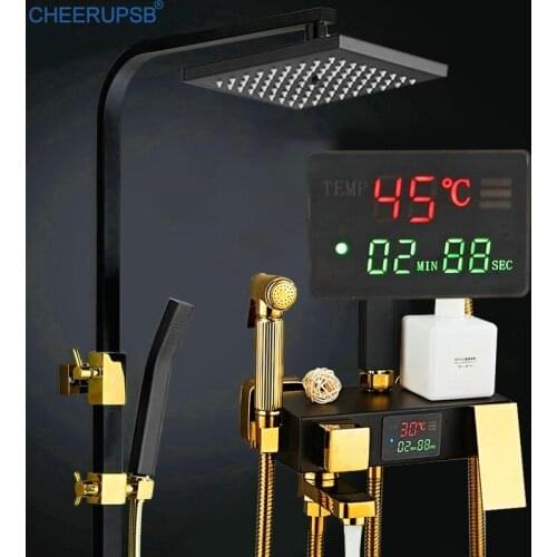 Thermostatic Shower Set Bathroom LED Shower System Hot Cold Mixer Digital Bath Faucet Square Head SPA Rainfall White Copper Tap