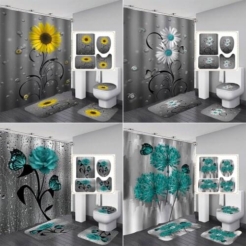 180*180cm Sunflower Fabric Shower Curtains Water Drop Flowers Bathroom Curtain Green Rose Toilet Cover Bath Mat Non-Slip Rug Set