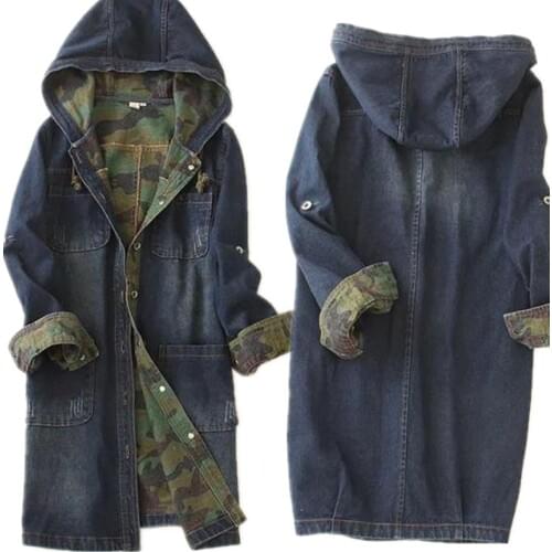 High quality women denim jacket spell color Single-breasted Women long denim camouflage hooded jacket