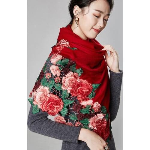 Women Shawls Wraps for Ladies Floral Lace 100% Pure Wool Scarf Winter Pashmina Bride Embroidery Red Wedding Poncho Hijab Stoles