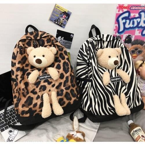 Female Cow Print Backpack Women Cute Bear Leopard Print School Bags for Teenage Girls Harajuku Travel Student Backpacks Ladies