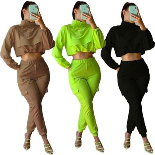 Casual Sport Two Pieces Sets Long Sleeve Turtleneck Zipper and Pockets Pants Spring Summer Women Tracksuit Joggers Sweat Suits