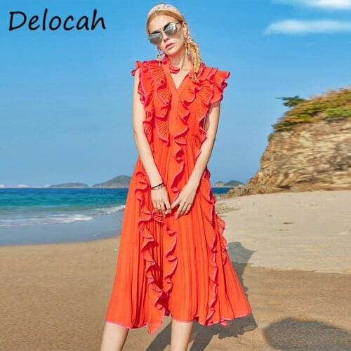 Delocah New 2021 Summer Women Fashion Designer Party Long Dress Butterfly Sleeve High Waist Ruffles Solid Print Pleated Dresses