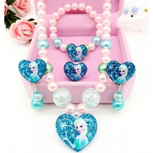 Disney Snow Princess doll Children Girls Princess Necklace Bracelet Earrings Ring 5pcs Set Paper Card Birthday Gift accessories