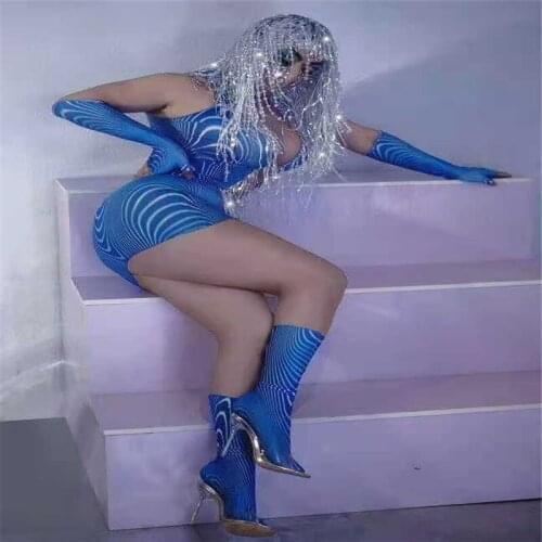 H145 Bodysuit Drilling Chain Tassels Sexy Diamond Singer Dancer Leotard Siamese Elastic Stretched Diamond Tight Show Blue Party