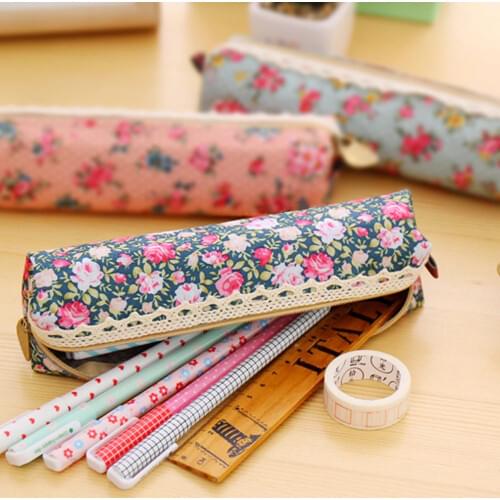 Canvas Pencil Bags Cute Flower Floral Pen Stationery Pouch Bag Case Organizer for School Office Kid Students Adults