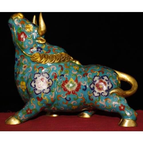 9"Chinese temple collection Old Bronze Cloisonne Enamel Cow statue Lucky Bull Vaughan Bull Bullish Ornaments Town House Exorcism