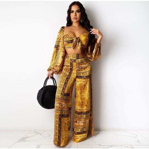 2021 Ins Internet Celebrity Famous 2 pcs Women Set Luxury Print Square Neck Short T-shirt Long Pants Sexy Outfits