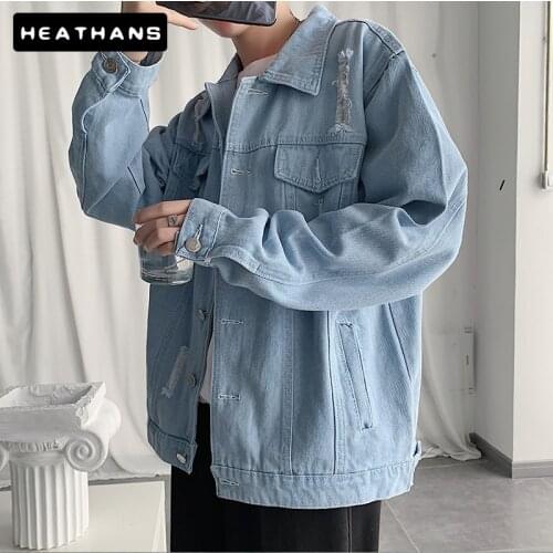 Spring Men Clothing Autumn Loose Hole Denim Jacket For Male Korean Blue Jean Jacket Regular Turn-down Collar Street Clothes Mens