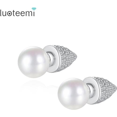 LUOTEEMI New Fashion Double Side Imitation Pearl Conical Shape Micro CZ Stud Earrings Cocktail Party Jewelry Brincos For Women