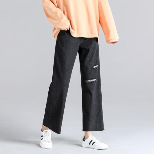 Fashion Maternity Jeans Autumn Frayed Loose Pants Hole Patch Wide Leg Pants Pregnancy Trousers Plus Size Pregnant Jeans