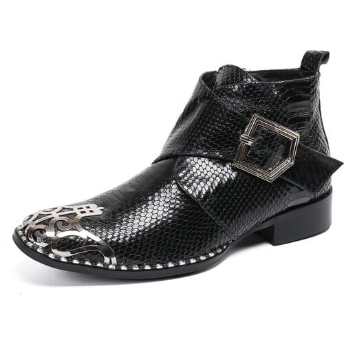 Winter Casual New Mens Classic Fashion Shoes Personality Crocodile Grain Cowhide Leather Metal Mens Boots