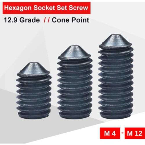 Hex Socket Set Screws M4 M5 M6 M8 M10 M12 Carbon Steel Cone Point Hexagon Set Screws Grade 12.9 Match with Hex Socket Wrench