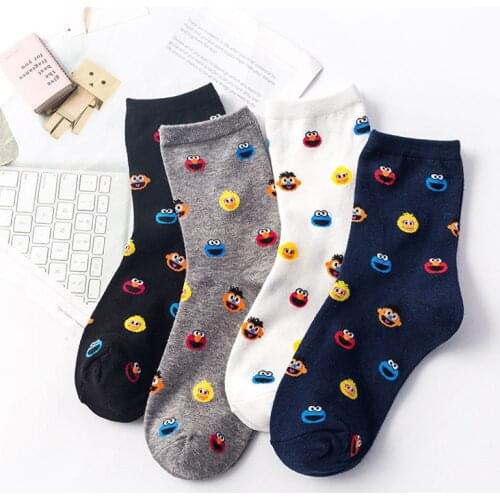 Cartoon Sesame Street Socks Women Cookie Monster Fashion Funny Cute Tube Sock Comfortable Ladies White Cotton Socks for Girls