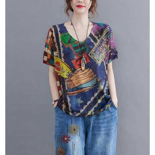 2021 Summer New Style Retro Literary Print Round Neck Pullover Knit Short-sleeved T-shirt Women Loose Top Women Clothing Women