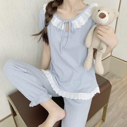 New Sleepwear Cotton Pajamas for Women Long Pants Short Sleeved Summer Spring Loungewear Fashion Home Clothing Homewear Pijama