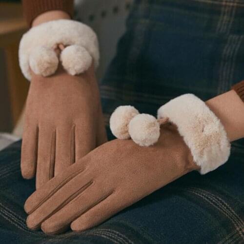 Female Winter Warm Suede Leather Plus Velvet Thick Windproof Cycling Mittens Cute Hairball Plush Touch Screen Driving Gloves E85