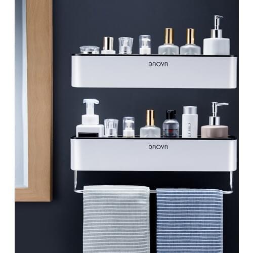 Punch-Free Plastic Bathroom Storage Shelf Wall Mount Shampoo Shower Shelves Holder Kitchen Storage Rack Organizer Towel Bar