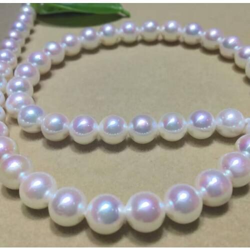 Authentic Japanese AKOYA natural seawater pearl necklace 8-9mm white pink circle very 925 Silver clasp 18inch
