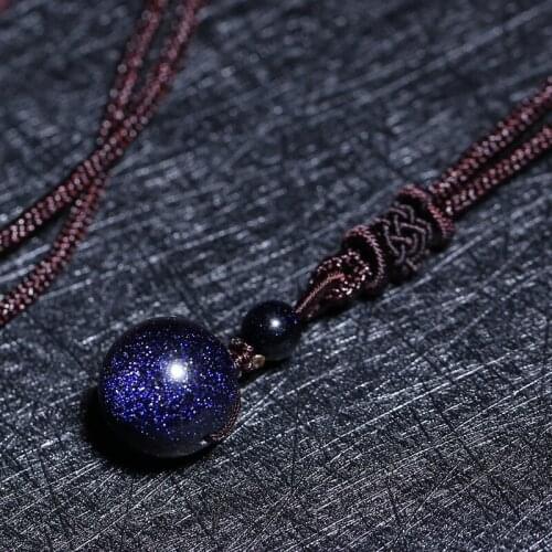 Drop Shipping Natural Stone Blue Sandstone Round Bead Ball Necklace Pendant Aventurine Obsidian Starry Sky Star Energy Gift