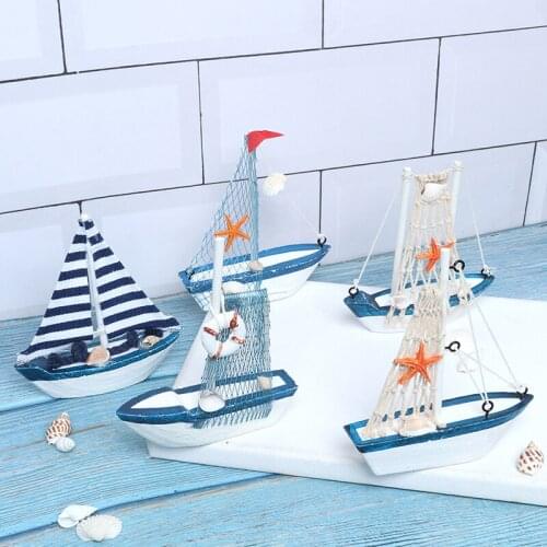 Mediterranean Style Marine Nautical Wooden Blue Boat Ship Wood Crafts Ornaments