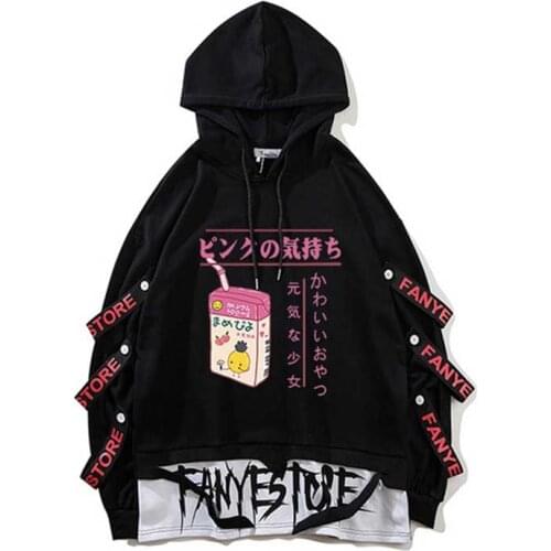Mens Japanese Fashion Oversized Hoodies Printed Hipster Hip Hop Pullover Patchwork Pocket Sweater Hoodie Casual Top Streetwear