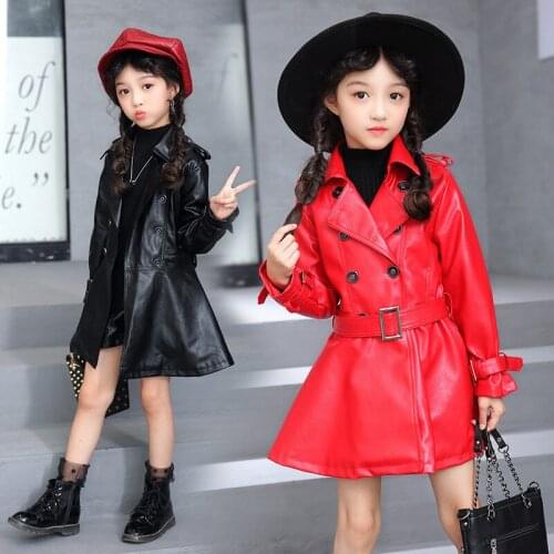 Girls 4-14 Y Spring Autumn PU Clothes Long Sleeve Turn-down Collar Double Breasted Mid-long Coat Fashion Faux Leather Jackets