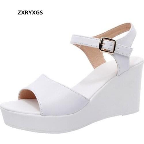 2021 New Black White Fish Mouth Genuine Leather Sandals Wedges Platform High Heeled Sandals 6 / 8 / 11 Cm Big Size Women Sandals