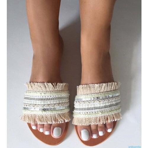 Ladies Slippers 2020 Summer New Bohemia Sandals Flat Casual Shoes Female Slip on tassels Slides Woman Plus Size Sandalias Mujer