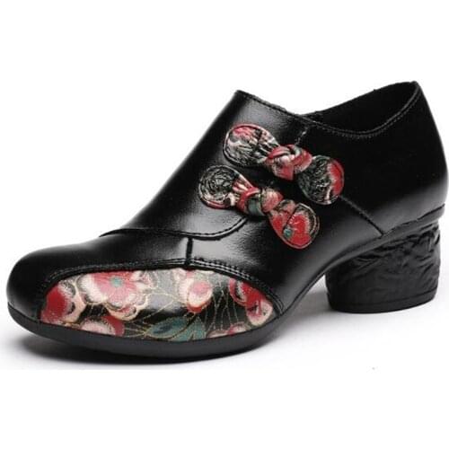 Top Cowhide Printing Women Fashion Shoes Woman High Heel Shoes Spring Retro Women Shoes Elegant Comfort Genuine Leather Shoes