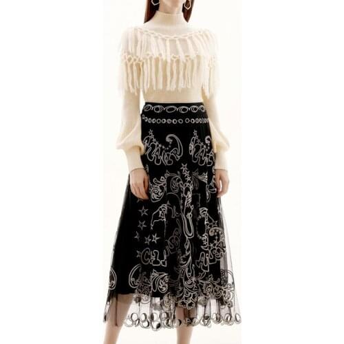 New HIGH QUALITY 2021 Designer Runway Suit Womens Turtleneck Lantern Sleeve Tassel knitting Sweater Embroidery Gauze skirt Suit
