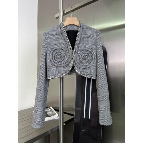 High 2021FW Autumn Quality Women Luxury Plaid Wool Flower Diamonds Short Blazer Jacket For Female Coat Ddxgz2 6.19