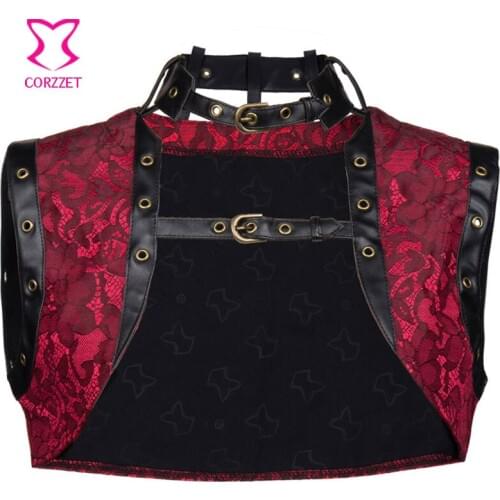 Vintage Red Brocade and Faux Leather Sleeveles Steampunk Corset Jacket Coat Plus Size Women Bolero Gothic Clothing Accessories