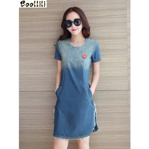 Boollili Fashion 2020 Vintage Denim Dress Female O-Neck Short Sleeve Slim Casual Mini Summer Dresses Elegant Blue Vestidos