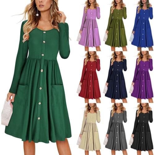 Women Long Sleeve Dress Crew Neck Solid Color Big Hem Front Button Pockets Plus Size One Piece Suit Female Party Casual Wear