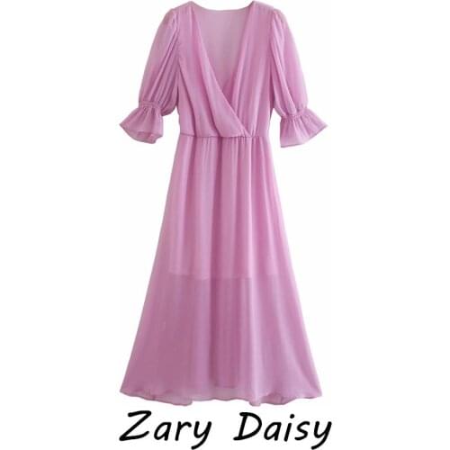 Zary Daisy New European Style Purple Puff Sleeve V-Neck Dress Womens Waist Long Skirt
