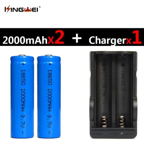 KingWei 2Pcs 18650 battery 3.7v 2000mAh rechargeable Li-ion battery +one charger for flashlight double charger EU/US plug