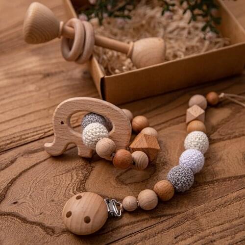 3pc/Set Baby Wooden Teether Pacifier Dummy Clips Teething Bracelet Music Rattle Wooden Animal Rodent Baby Gym Ring Baby Products