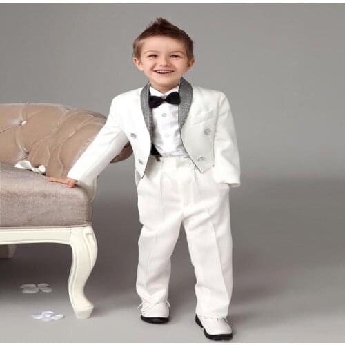 White Ring Bearer Suits Swallow-tail With Black Bow Tie Cool Kids Formal Dress Boys Suits Fashion Kids Suits Jacket + Pants