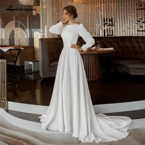 Elegant Satin Wedding Dresses Full Puffy Sleeves Simple A-Line Country Mariage Gowns Sweep Train Cheap Robe De Mariee