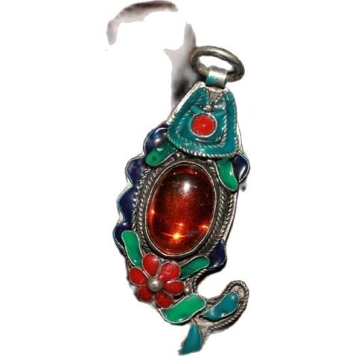 China Old Tibetan Silver Gem Inlaid Cloisonne Fish Pendant Ornament