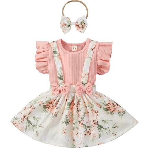 3 Pieces Kids Suit Set Summer Solid Color O-Neck Fly Sleeve Tops+ Floral Suspender Skirt+ Headband for Girl 6 Months-4 Years