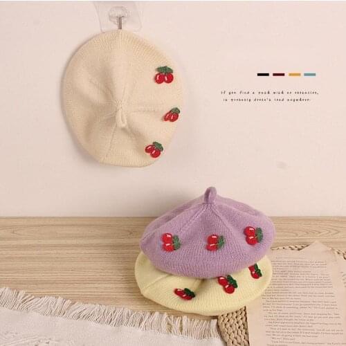 Korean Style New Autumn Winter Baby Girls Cherry Beret Caps Children Clothes Accessiories Match Toddlers Kids Knitted Wool Hats
