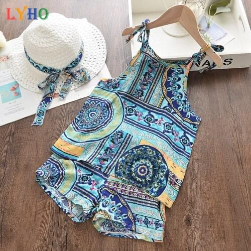 Summer Girls Clothes Sling Top & Pants & Hats 3Pcs Suit, Sleeveless Bohemia Printed 2021 Korean Blue Rural Casual Kids Clothing
