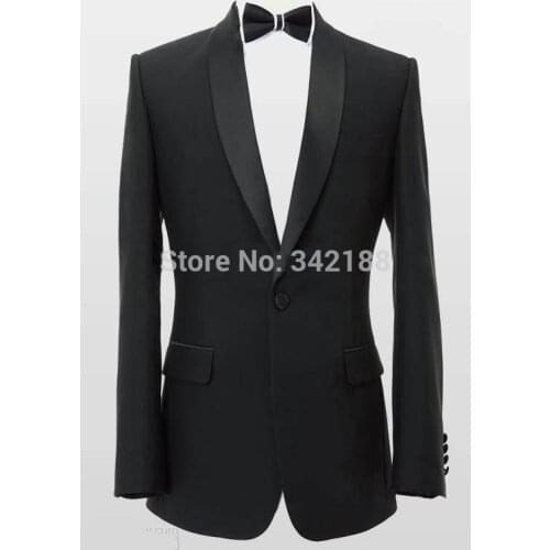 Hot selling Black One button Satin Lapel Groom Tuxedos Groomsmen Men Wedding Suits Bridegroom suitswedding men clothes