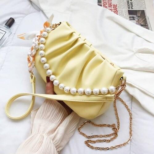 Yellow Folds Small PU Leather Crossbody Bags with Short Beading Handle for Women 2021 Simple Trends Shoulder Handbags and Purses