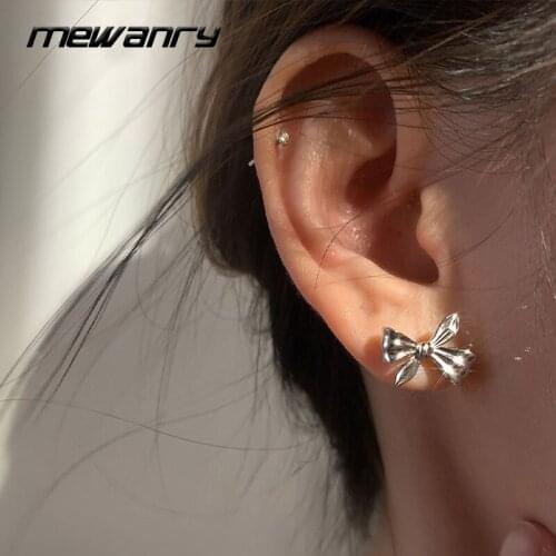 MEWANRY Prevent Allergy 925 Sterling Silver Stud Earrings Trendy Elegant Simple Sweet Irregular Bowknot Party Jewelry for Women